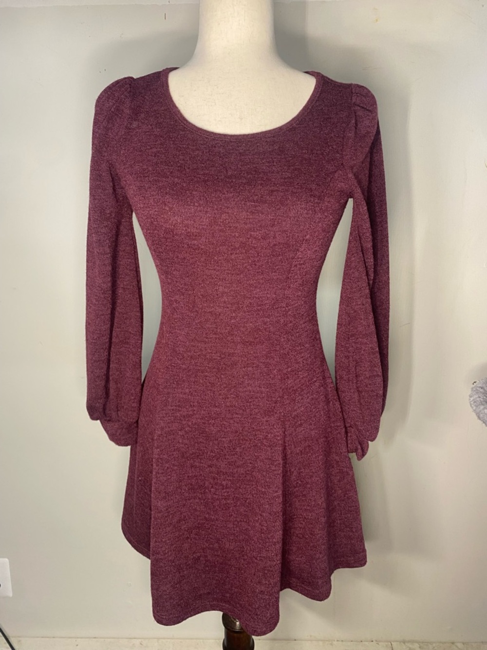 Everly Maroon Long-Sleeve Fit & Flare Knit Dress